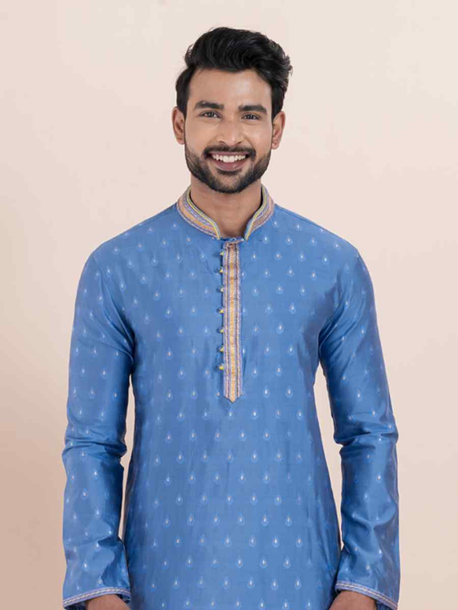 Sky Cotton Silk Jacquard Embroidered Festival Wedding Kurta Pyjama Men039s Wear