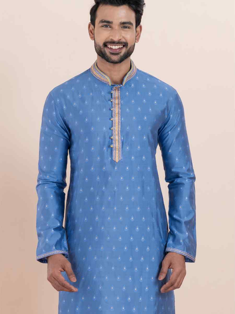 Sky Cotton Silk Jacquard Embroidered Festival Wedding Kurta Pyjama Men039s Wear