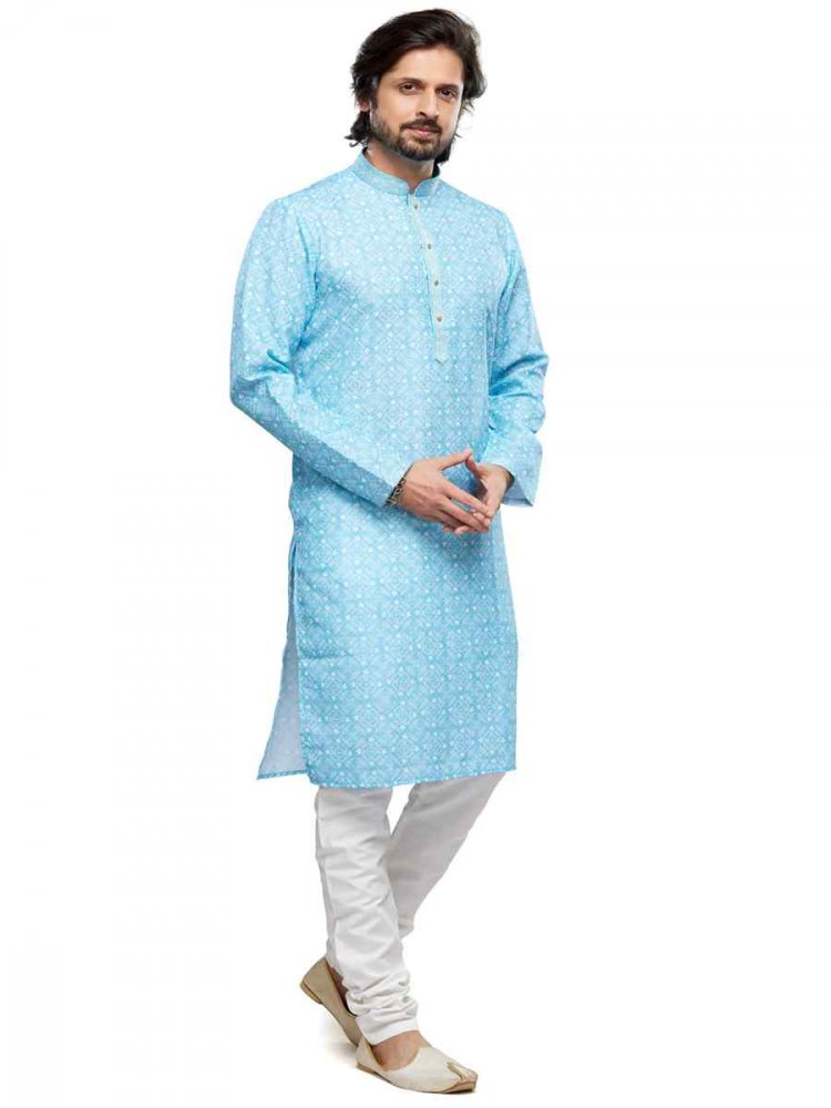 Sky Cotton Woven Festival Party Kurta