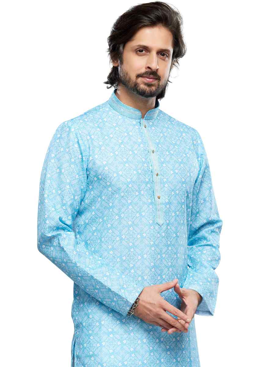 Sky Cotton Woven Festival Party Kurta