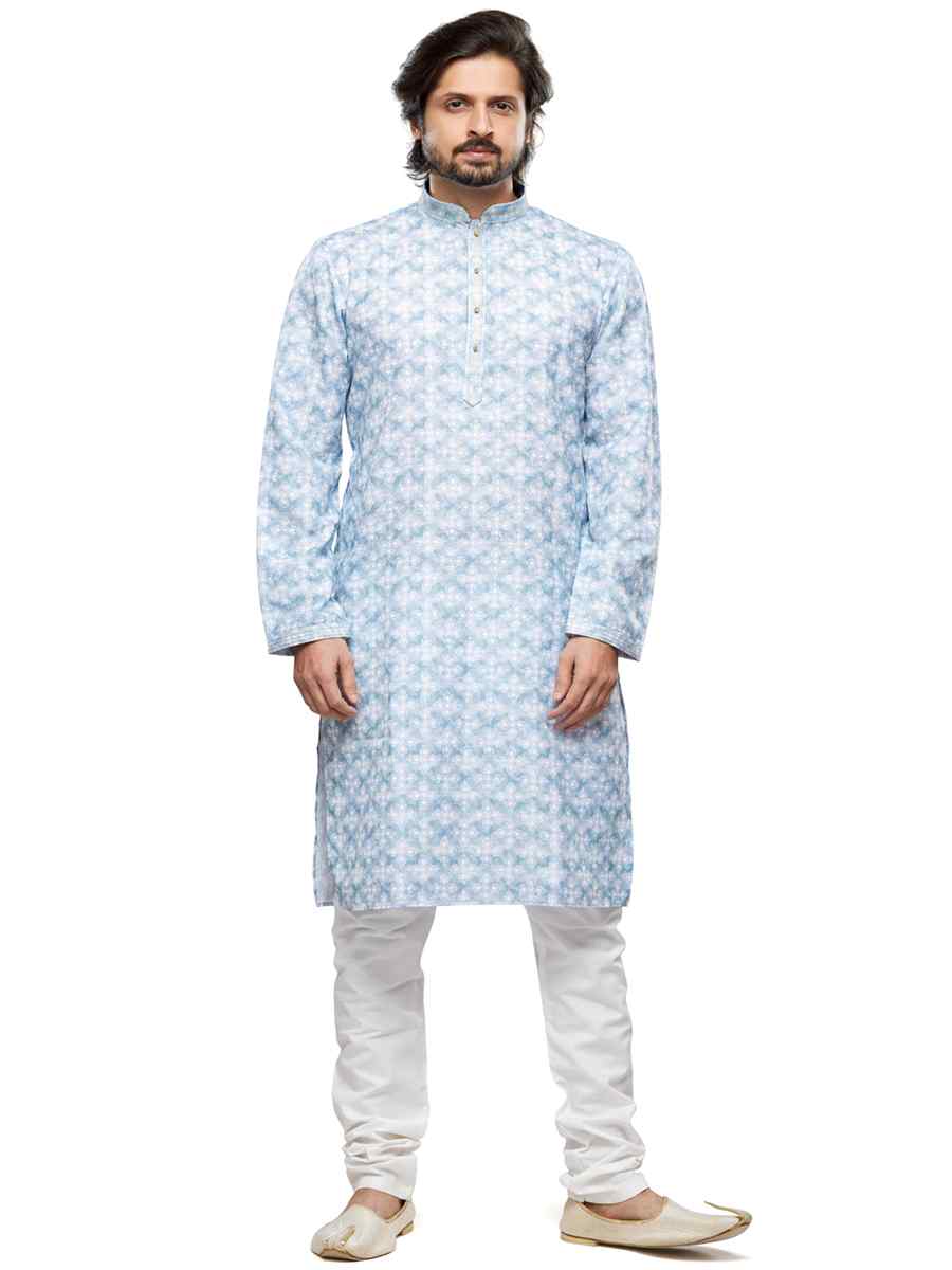 Sky Cotton Woven Festival Party Kurta