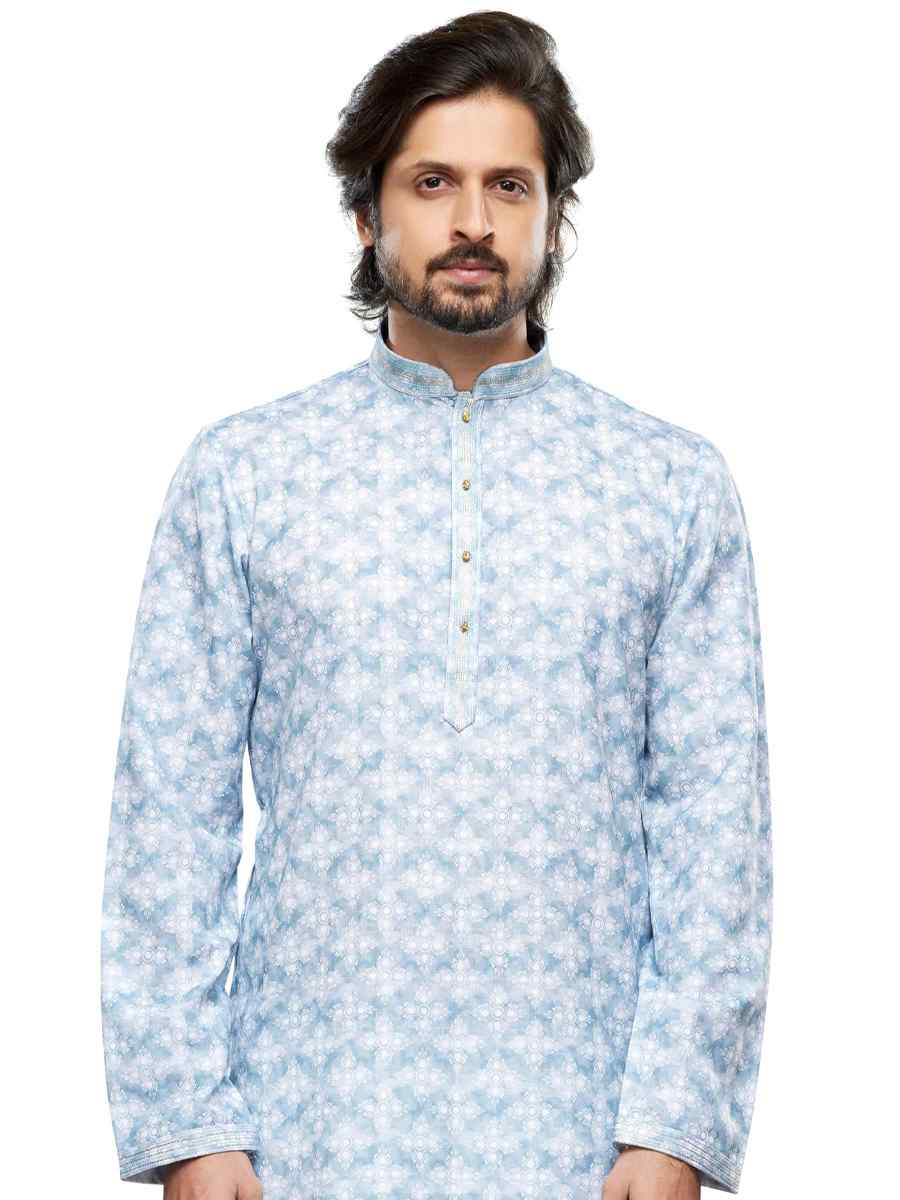 Sky Cotton Woven Festival Party Kurta