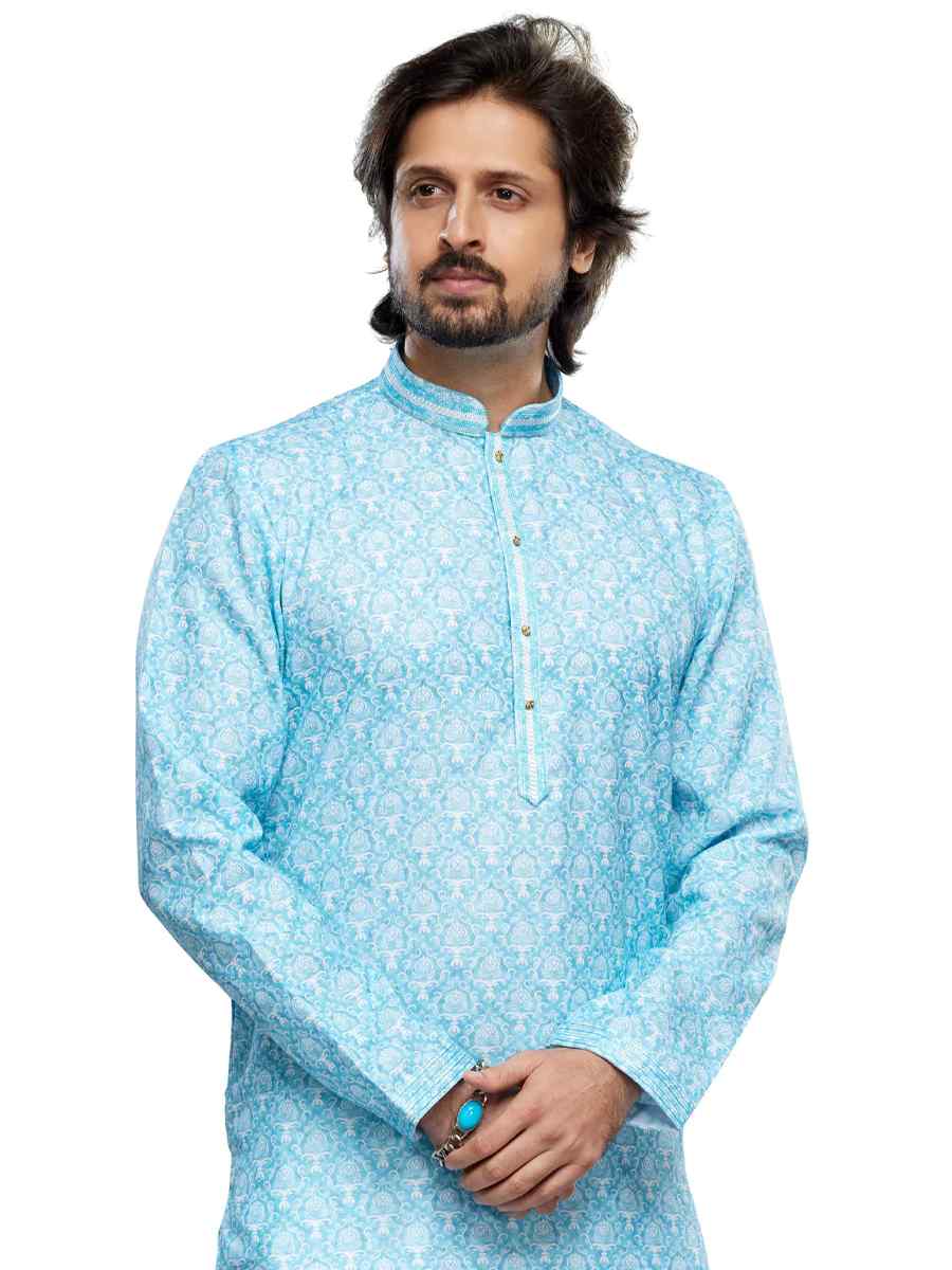 Sky Cotton Woven Festival Party Kurta