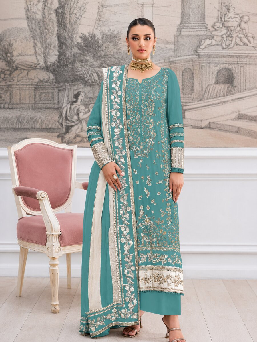 Sky Crunchy Embroidery Zari Sequins Khatli Work Wedding Party Festival Casual Palazzo Pant Salwar Kameez