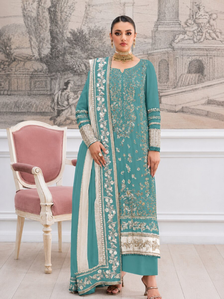 Image of Sky Crunchy Embroidery Zari Sequins Khatli Work Wedding Party Festival Casual Palazzo Pant Salwar Kameez