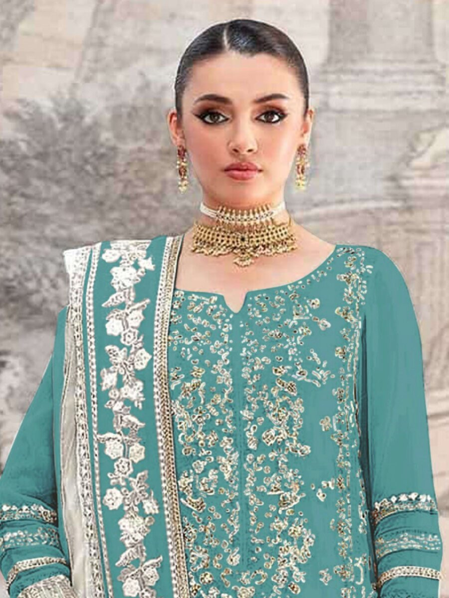 Sky Crunchy Embroidery Zari Sequins Khatli Work Wedding Party Festival Casual Palazzo Pant Salwar Kameez