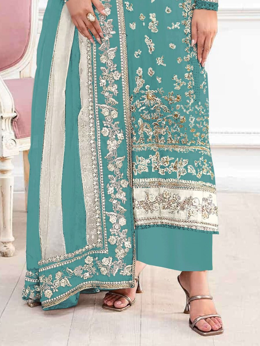 Sky Crunchy Embroidery Zari Sequins Khatli Work Wedding Party Festival Casual Palazzo Pant Salwar Kameez
