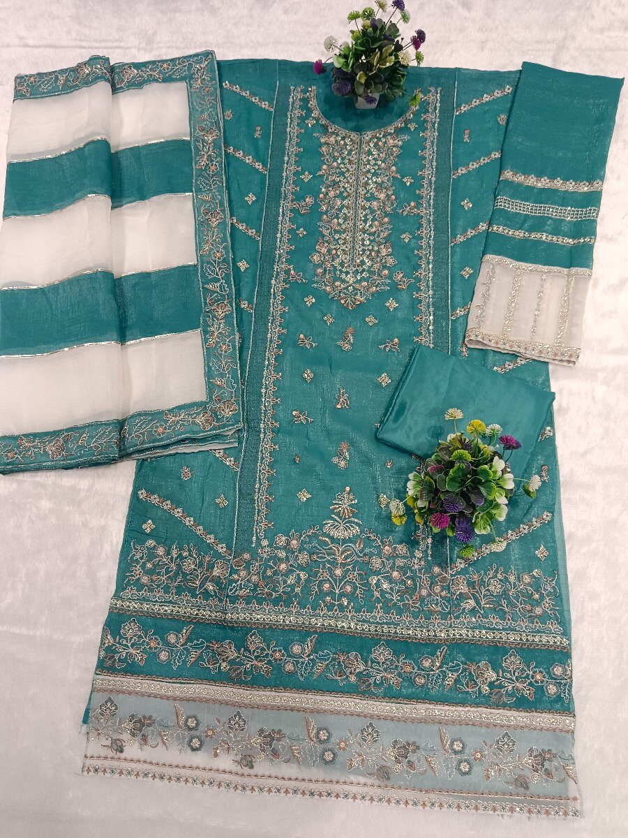 Sky Crunchy Embroidery Zari Sequins Khatli Work Wedding Party Festival Casual Palazzo Pant Salwar Kameez