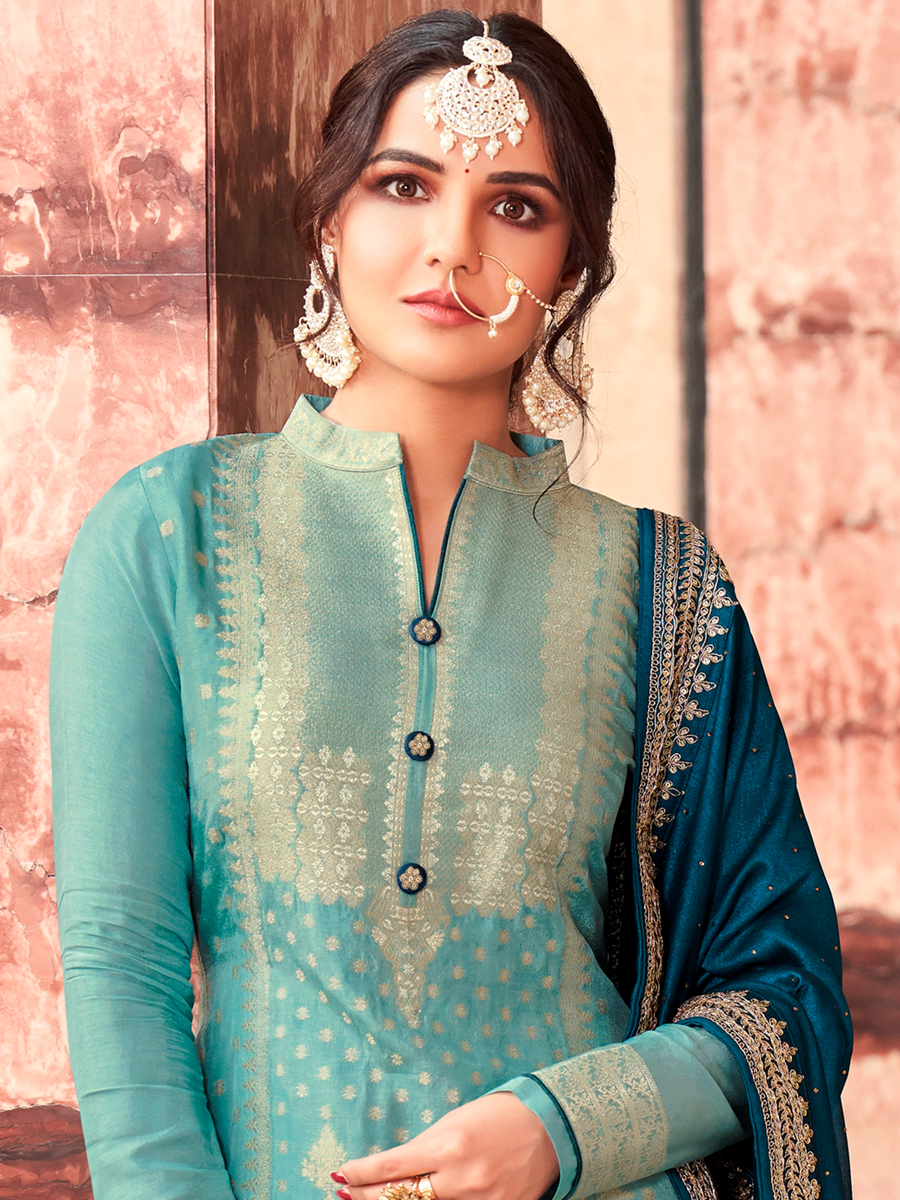 Sky Dola Jacquard Embroidered Festival Party Pant Bollywood Style Salwar Kameez