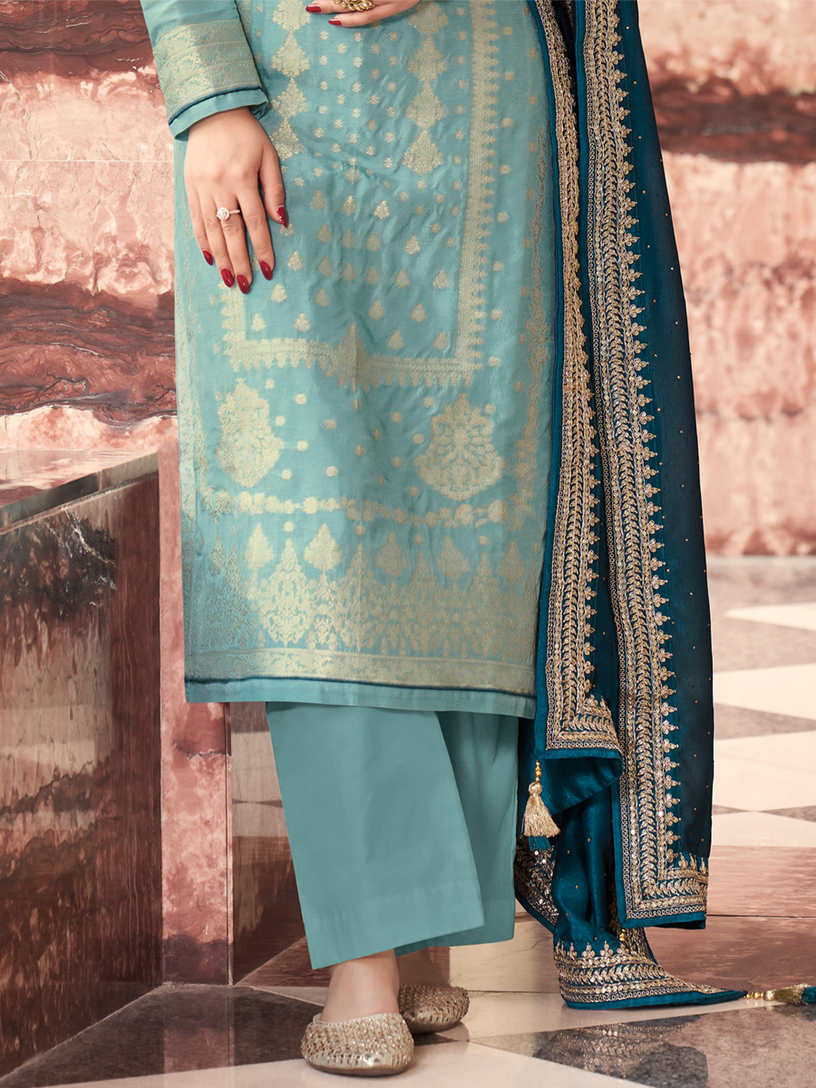 Sky Dola Jacquard Embroidered Festival Party Pant Bollywood Style Salwar Kameez