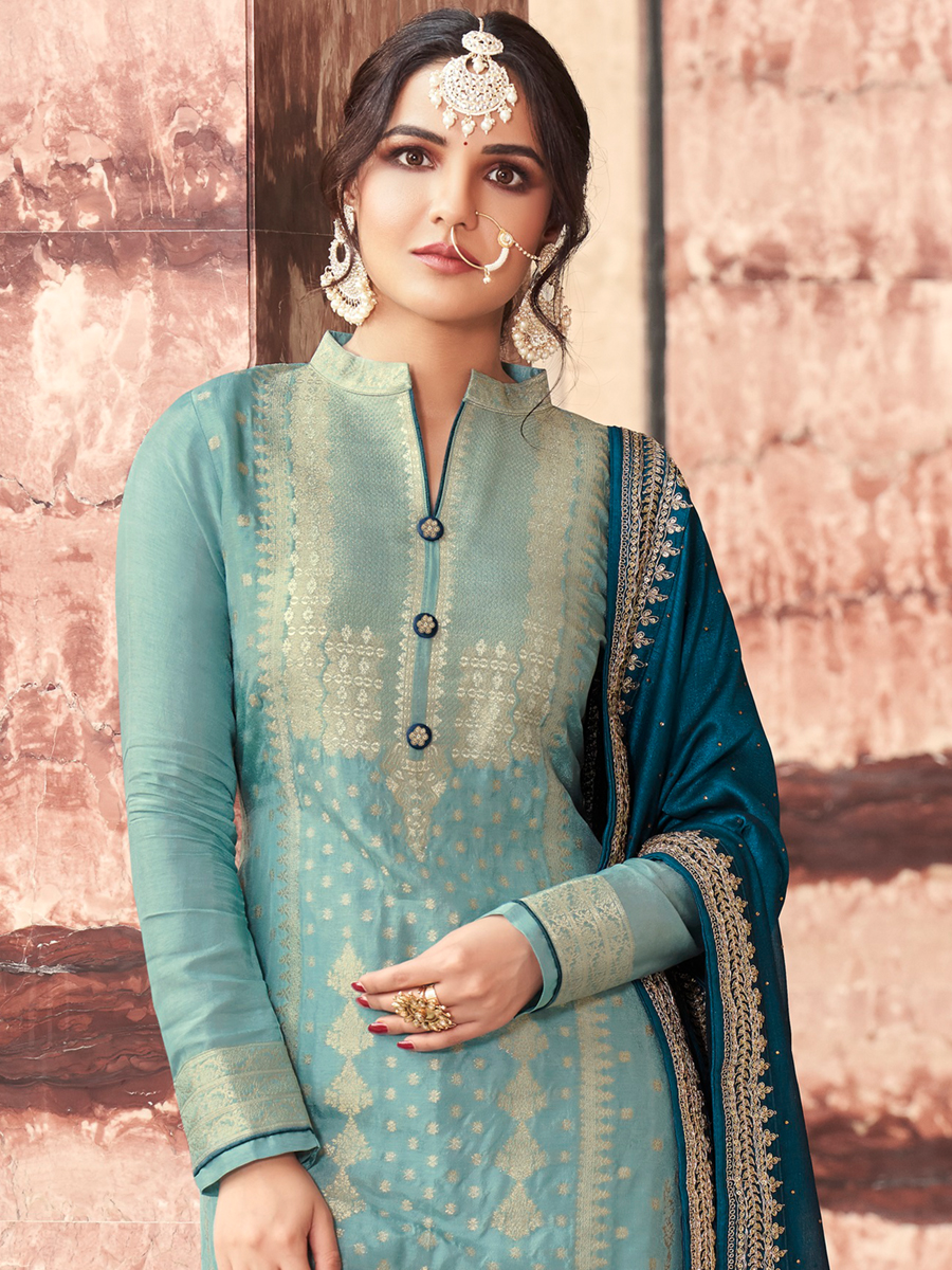 Sky Dola Jacquard Embroidered Festival Party Pant Bollywood Style Salwar Kameez