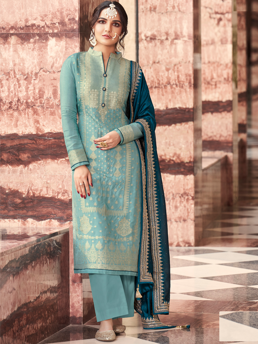 Sky Dola Jacquard Embroidered Festival Party Pant Bollywood Style Salwar Kameez