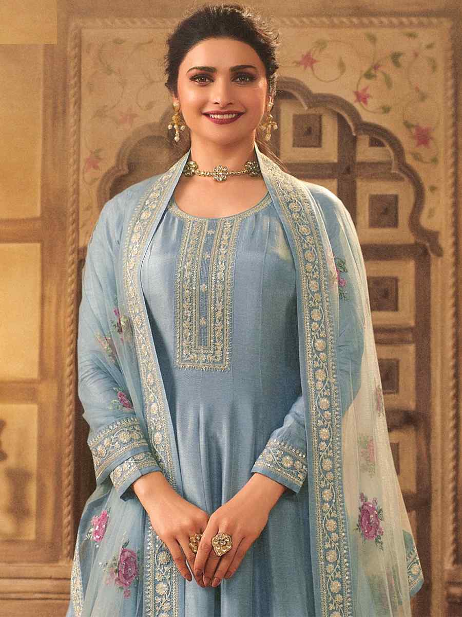 Sky Dola Silk Embroidered Festival Wedding Anarkali Bollywood Style Salwar Kameez