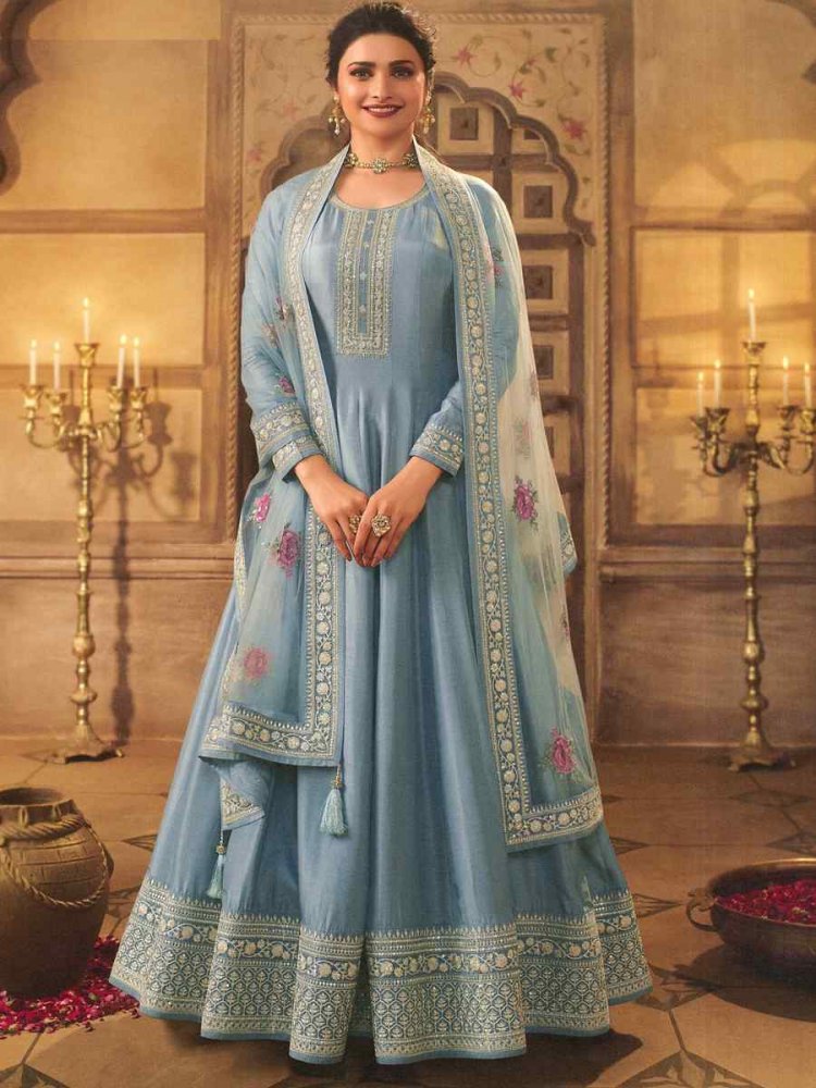 Sky Dola Silk Embroidered Festival Wedding Anarkali Bollywood Style Salwar Kameez