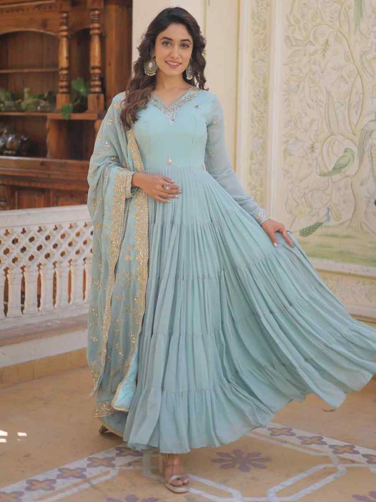 Sky Faux Georgette Embroidered Festival Casual Gown