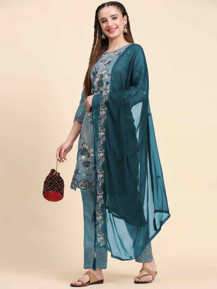Sky Faux Georgette Embroidered Festival Casual Pant Salwar Kameez