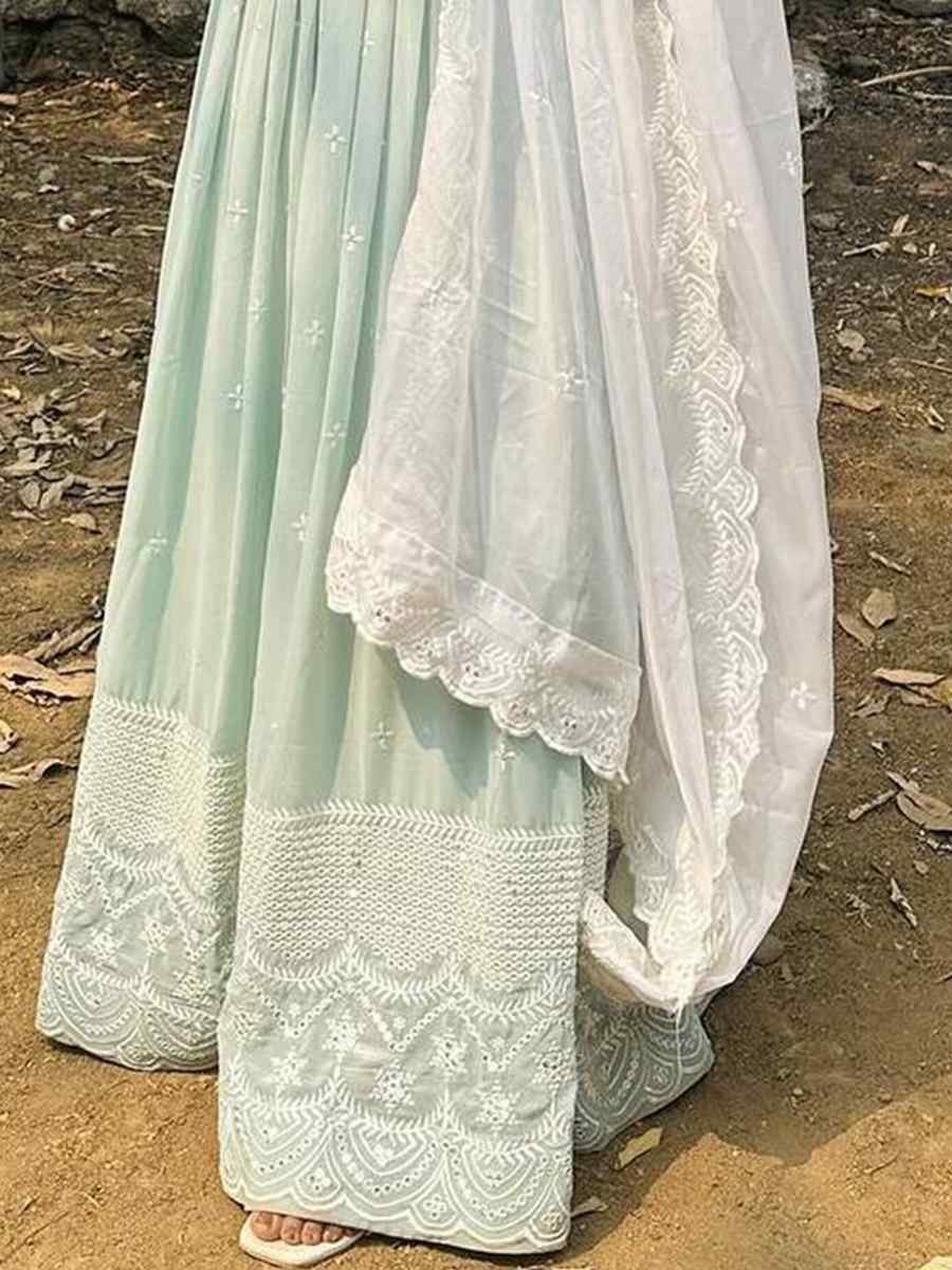Sky Faux Georgette Embroidered Festival Party Gown