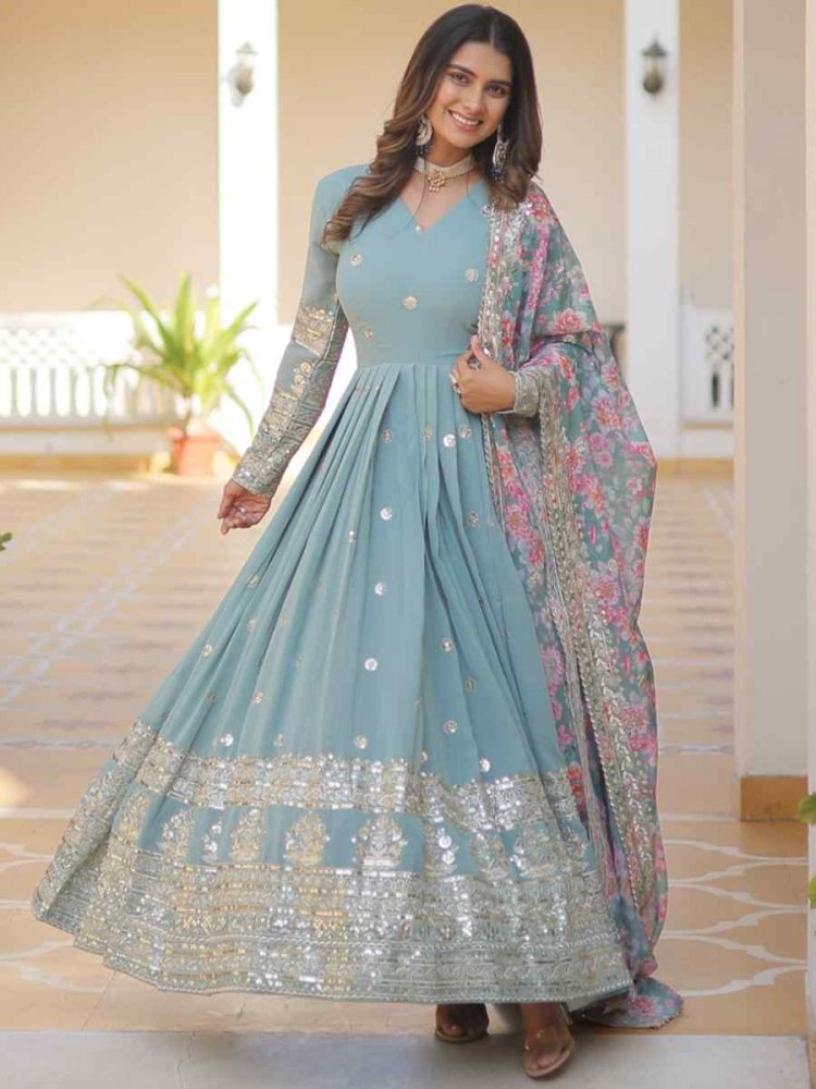 Sky Faux Georgette Embroidered Festival Party Gown