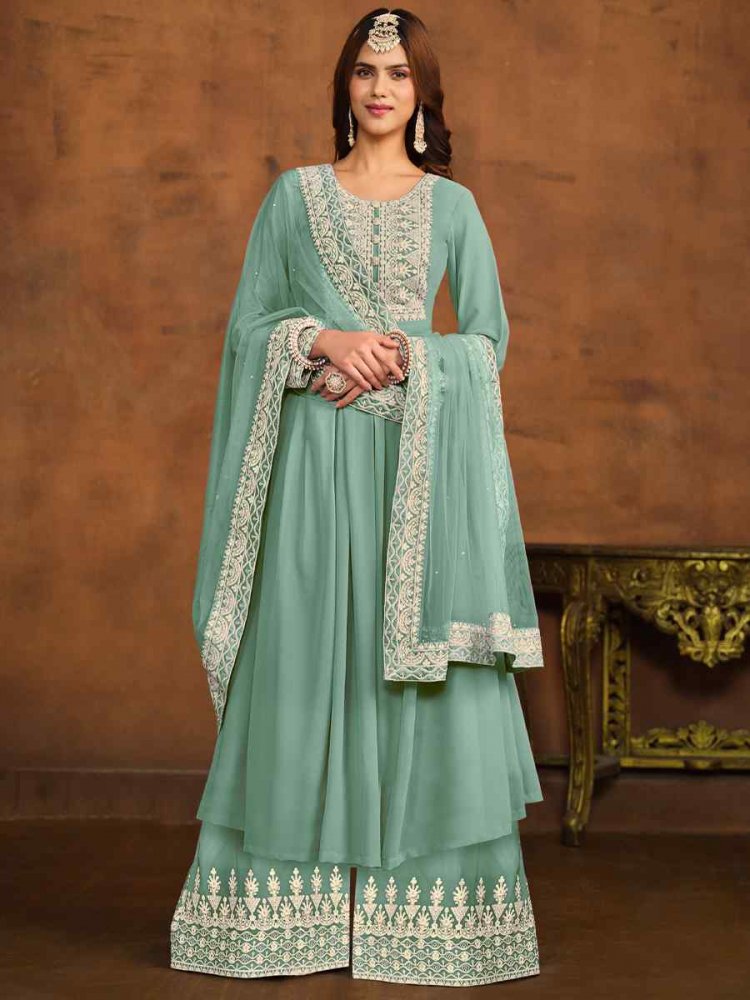 Sky Faux Georgette Embroidered Festival Wedding Anarkali Salwar Kameez