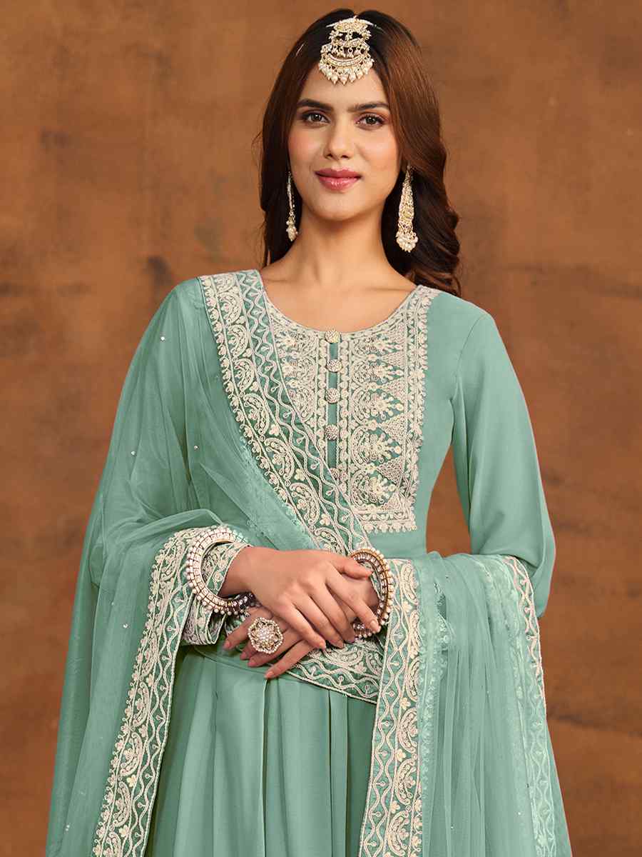 Sky Faux Georgette Embroidered Festival Wedding Anarkali Salwar Kameez