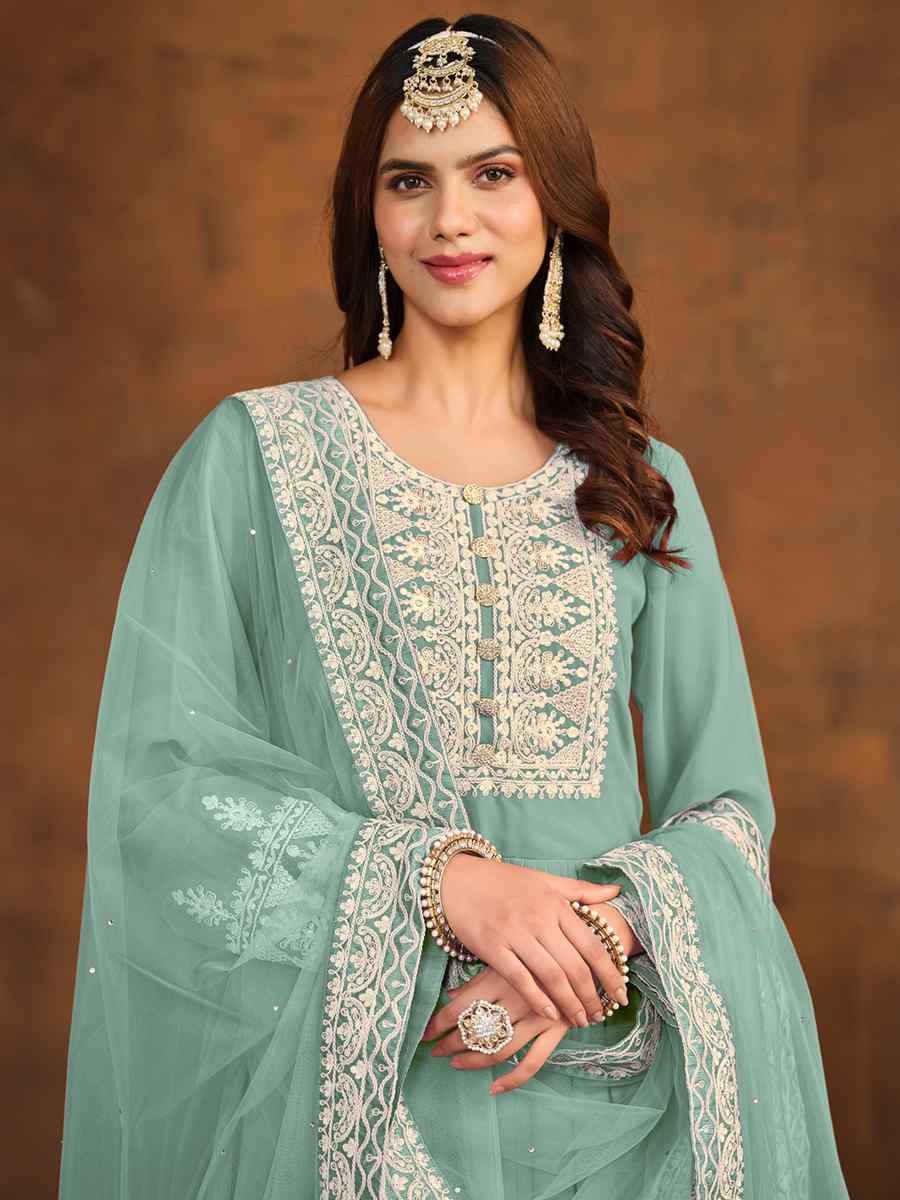 Sky Faux Georgette Embroidered Festival Wedding Anarkali Salwar Kameez