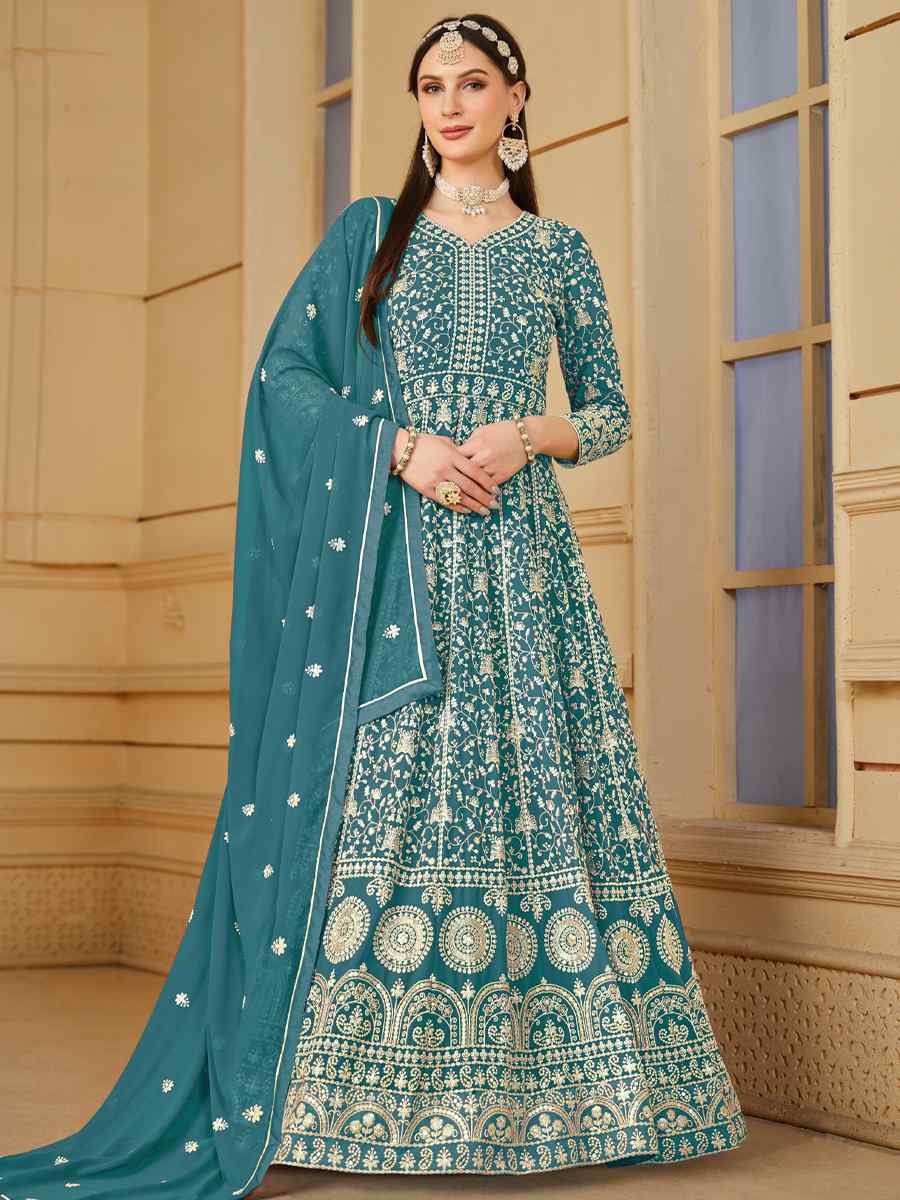 Sky Faux Georgette Embroidered Festival Wedding Anarkali Salwar Kameez
