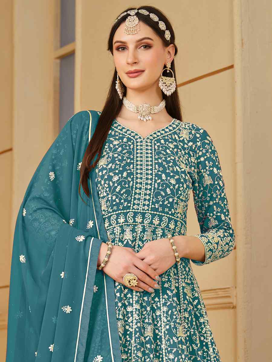 Sky Faux Georgette Embroidered Festival Wedding Anarkali Salwar Kameez