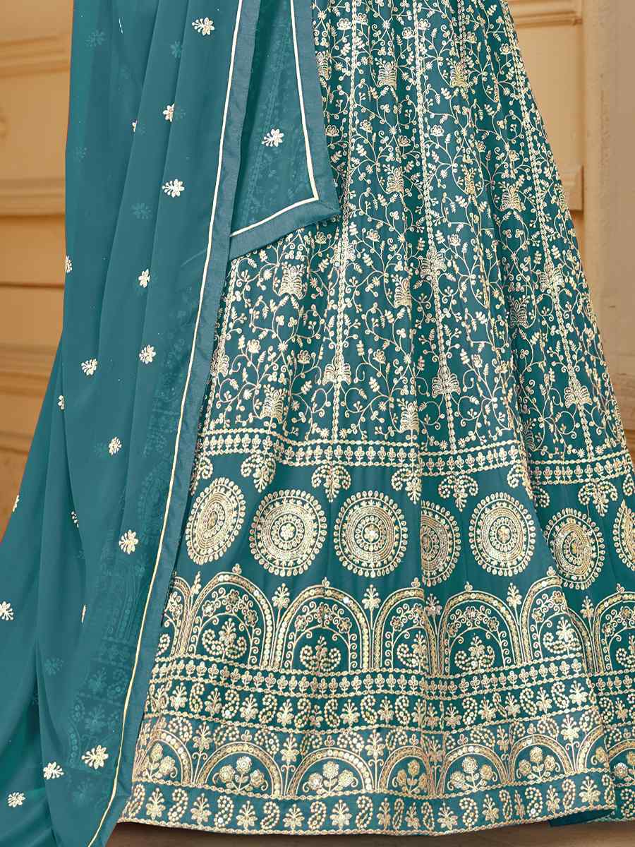 Sky Faux Georgette Embroidered Festival Wedding Anarkali Salwar Kameez