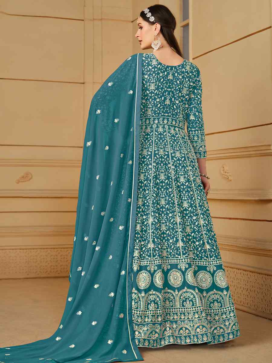 Sky Faux Georgette Embroidered Festival Wedding Anarkali Salwar Kameez