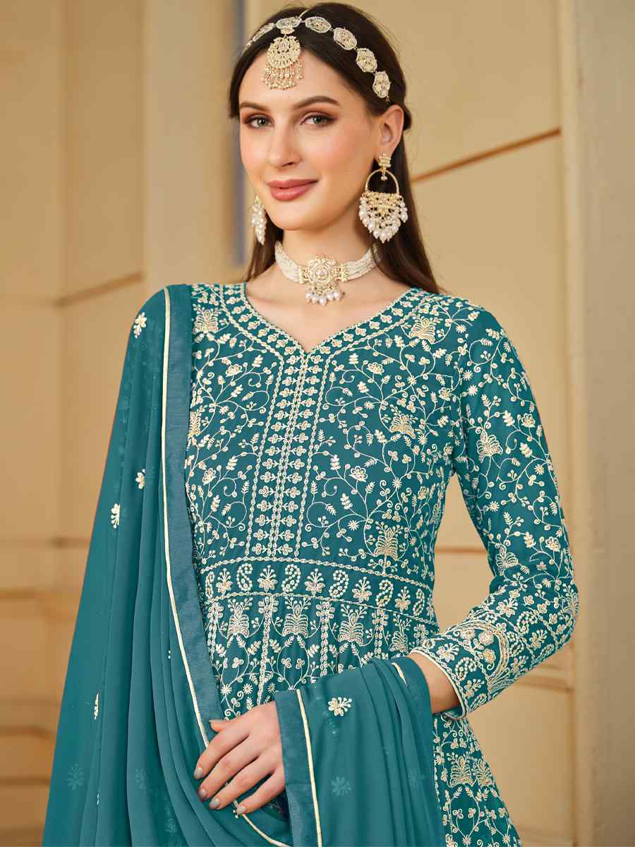 Sky Faux Georgette Embroidered Festival Wedding Anarkali Salwar Kameez