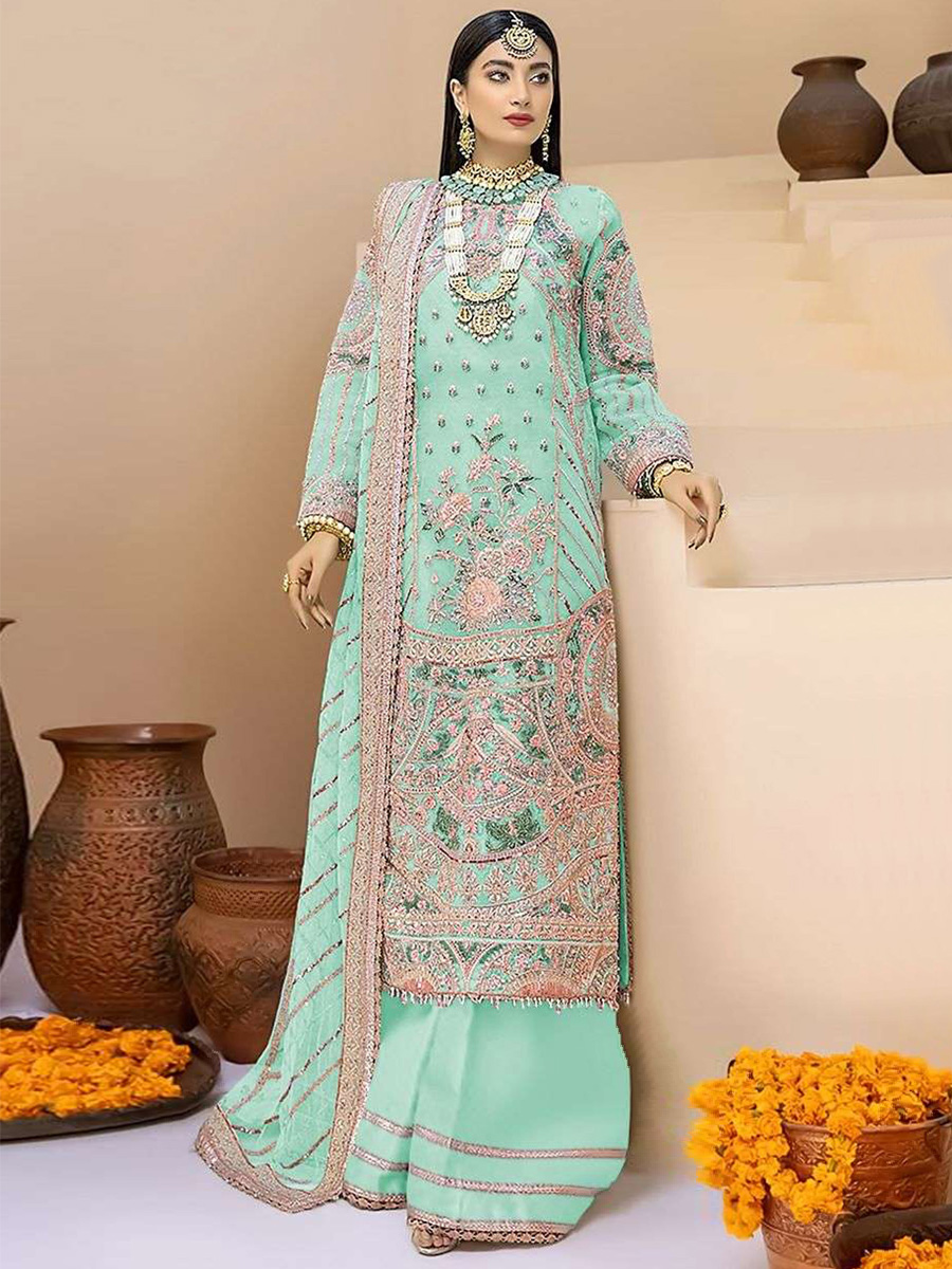 Sky Faux Georgette Embroidered Festival Wedding Palazzo Pant Salwar Kameez