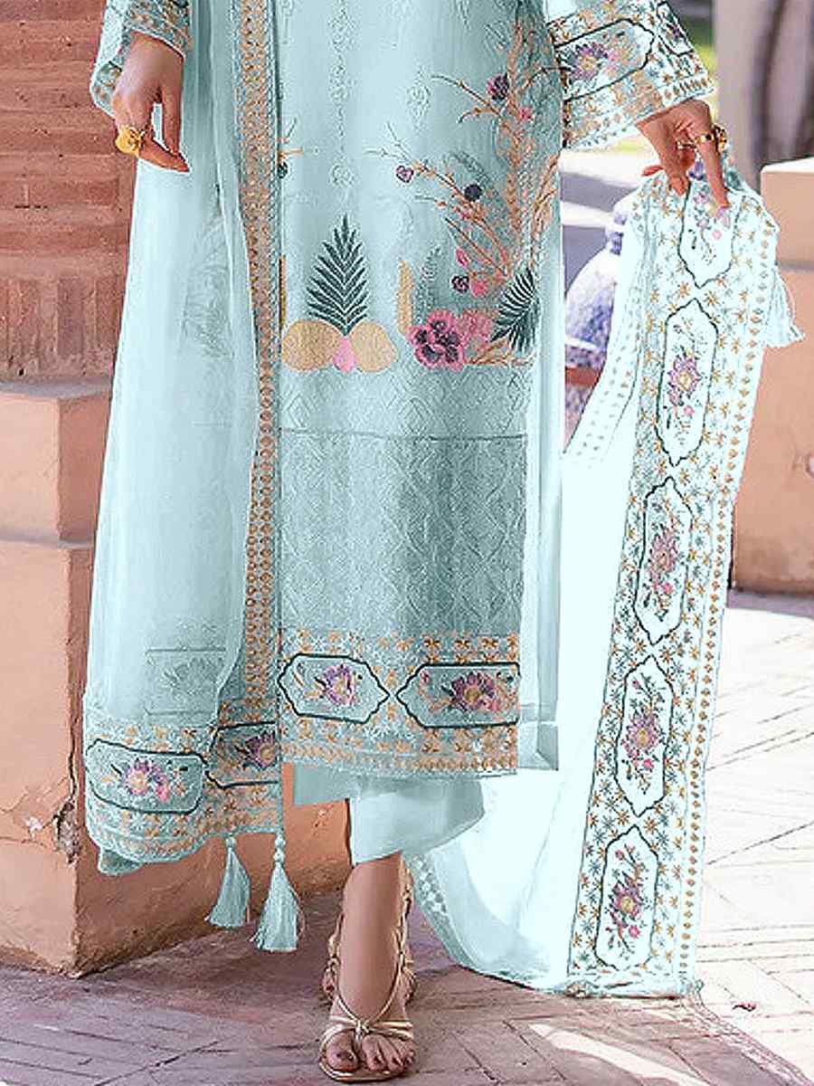 Sky Faux Georgette Embroidered Festival Wedding Pant Salwar Kameez
