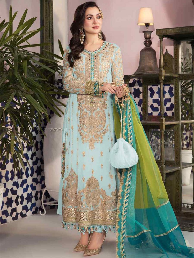 Sky Faux Georgette Embroidered Festival Wedding Pant Salwar Kameez