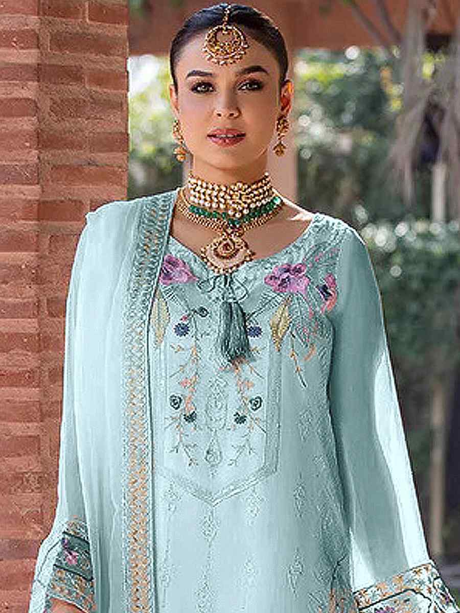 Sky Faux Georgette Embroidered Festival Wedding Pant Salwar Kameez