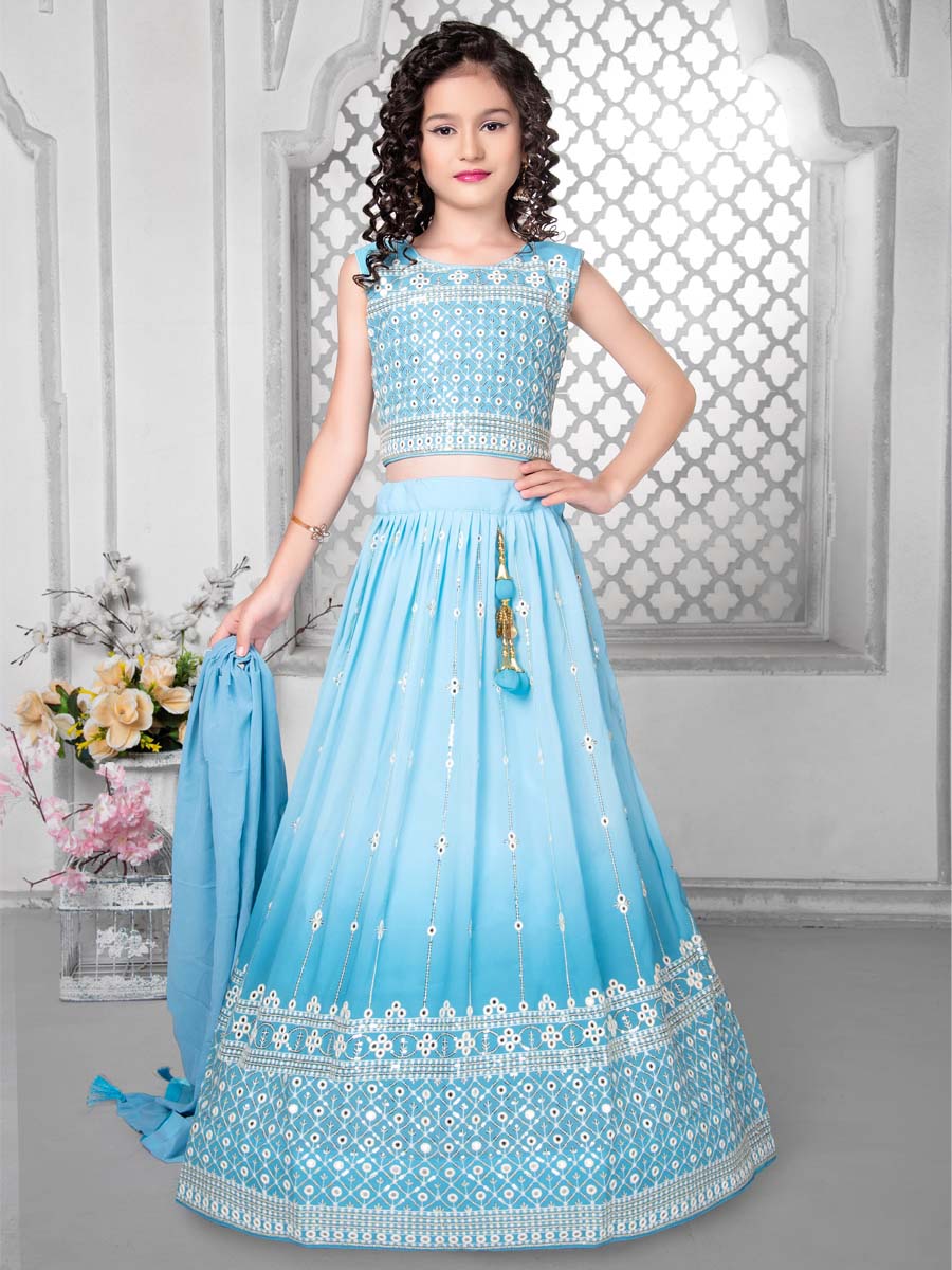 Sky Faux Georgette Embroidered Wedding Party Lehengas Girls Wear