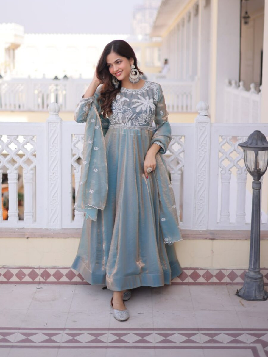 Sky Fendi Satin Silk Embroidery Sequins Wedding Party Festival Ready Anarkali Salwar Kameez