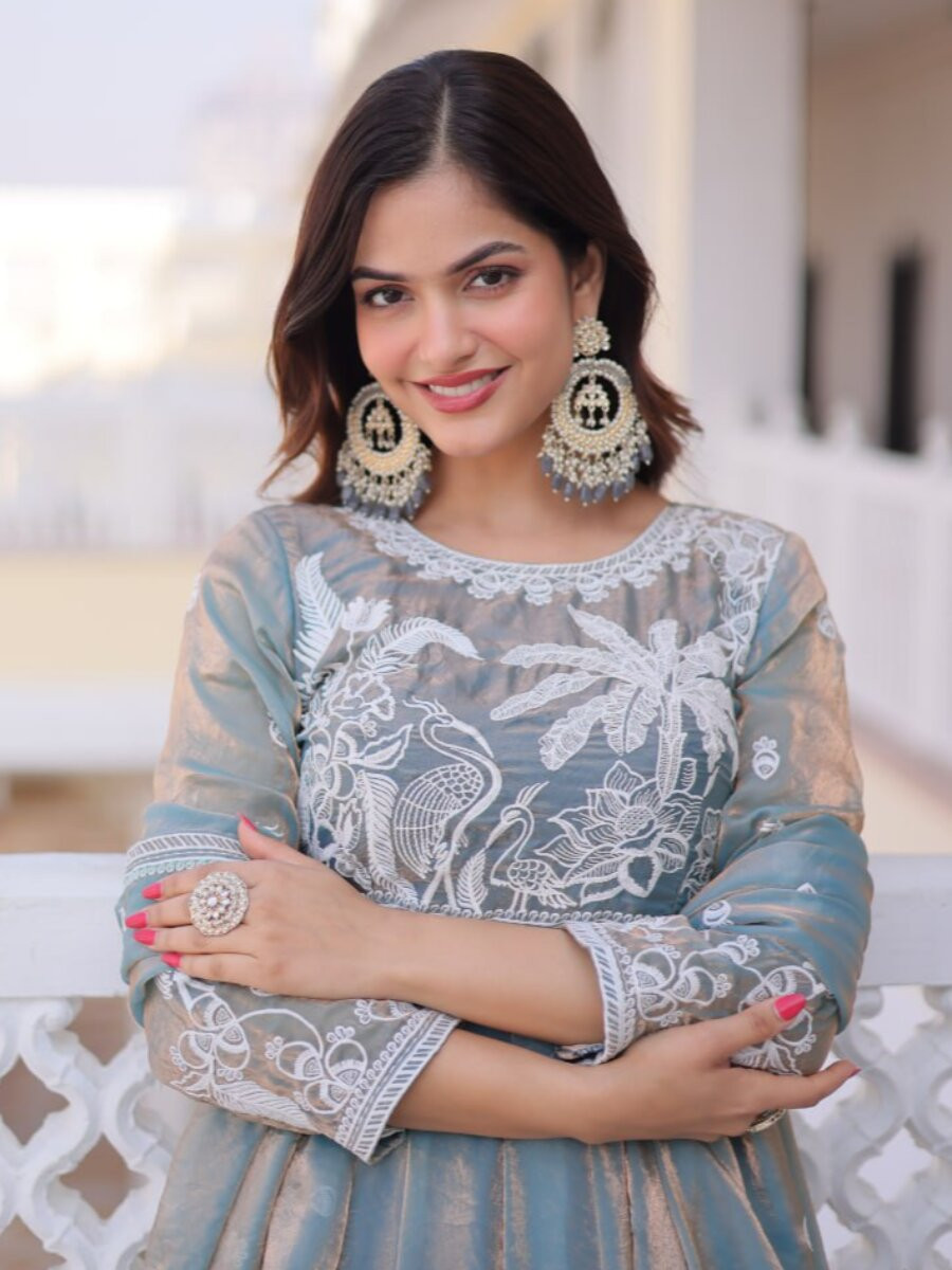 Sky Fendi Satin Silk Embroidery Sequins Wedding Party Festival Ready Anarkali Salwar Kameez