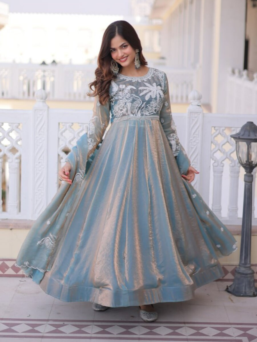 Sky Fendi Satin Silk Embroidery Sequins Wedding Party Festival Ready Anarkali Salwar Kameez