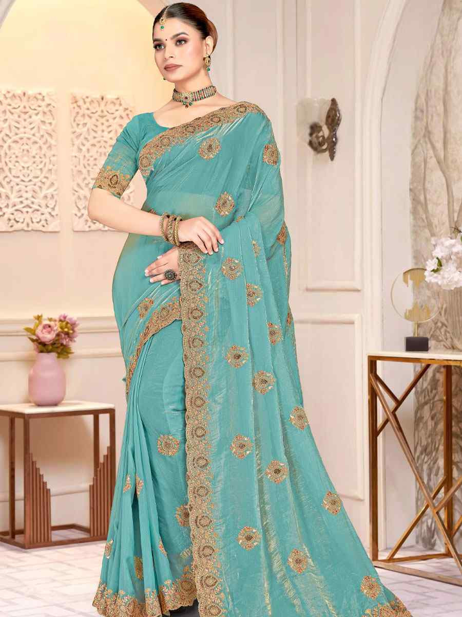 Sky Fendi Satin Silk Embroidery Traditional Casual Reception Festival Wedding Fancy Heavy Border Saree