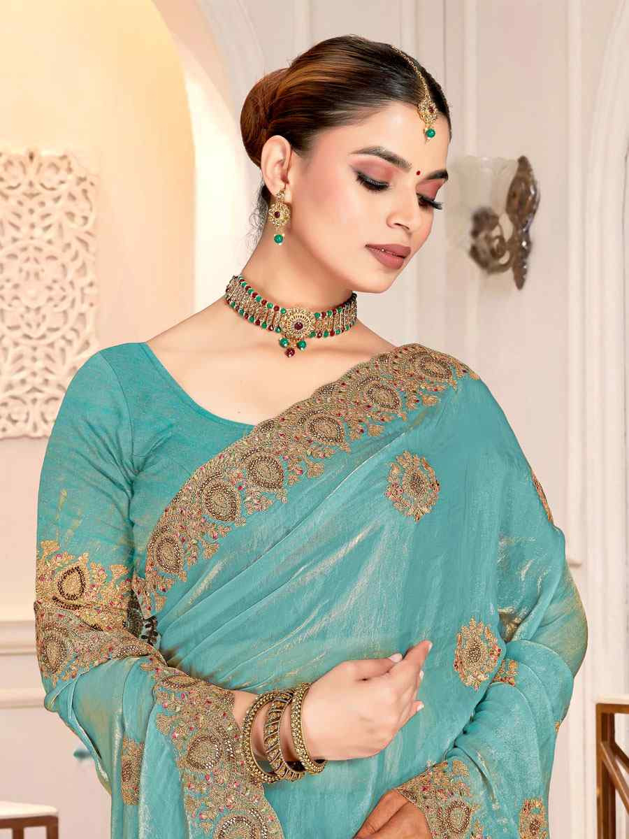 Sky Fendi Satin Silk Embroidery Traditional Casual Reception Festival Wedding Fancy Heavy Border Saree