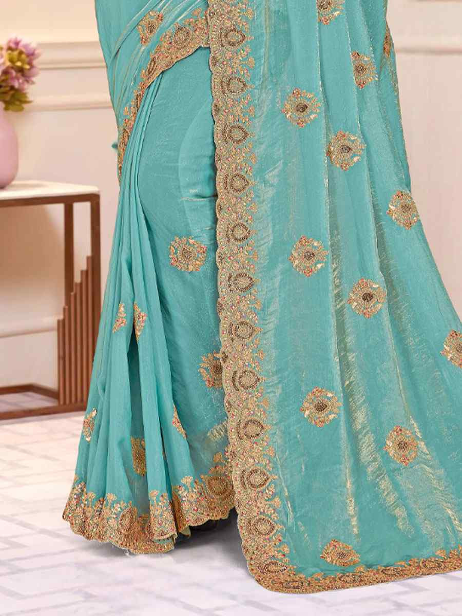 Sky Fendi Satin Silk Embroidery Traditional Casual Reception Festival Wedding Fancy Heavy Border Saree
