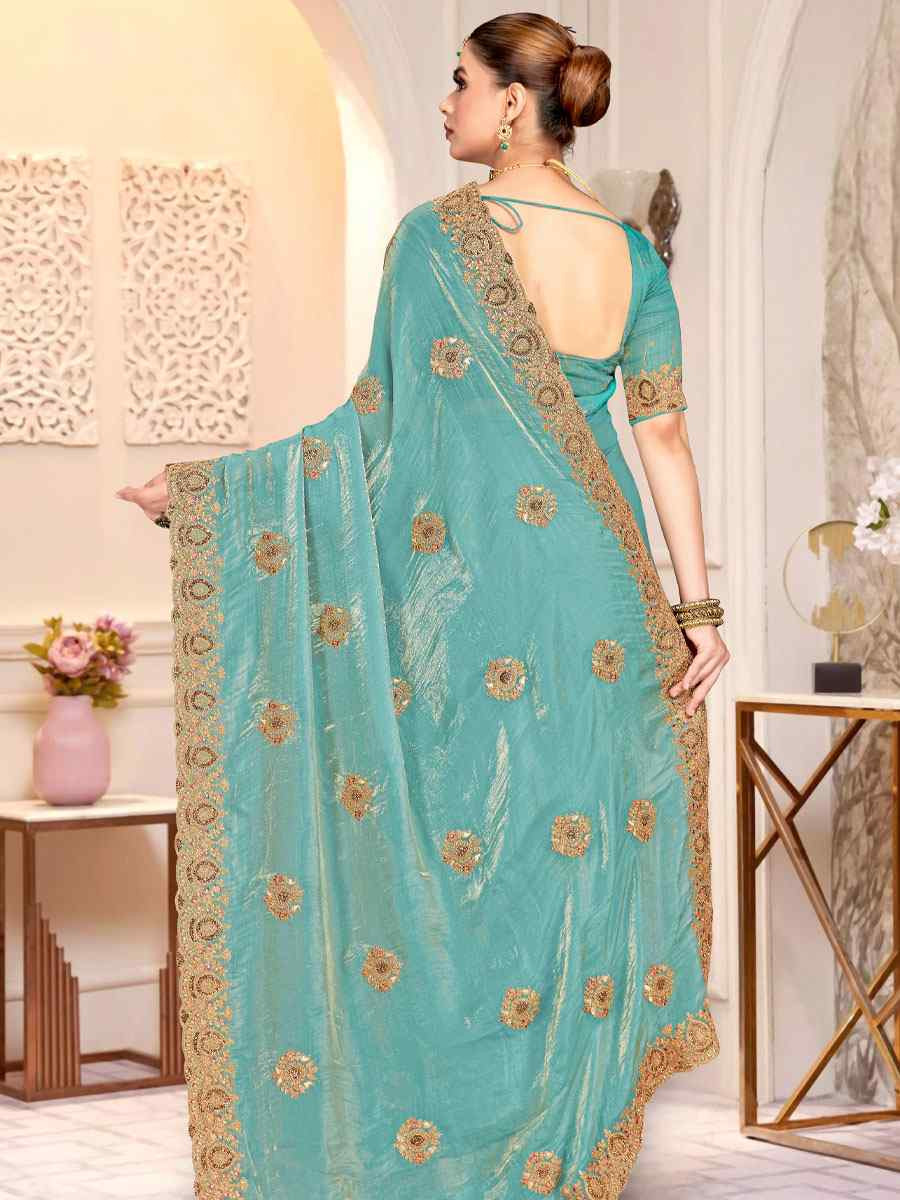 Sky Fendi Satin Silk Embroidery Traditional Casual Reception Festival Wedding Fancy Heavy Border Saree