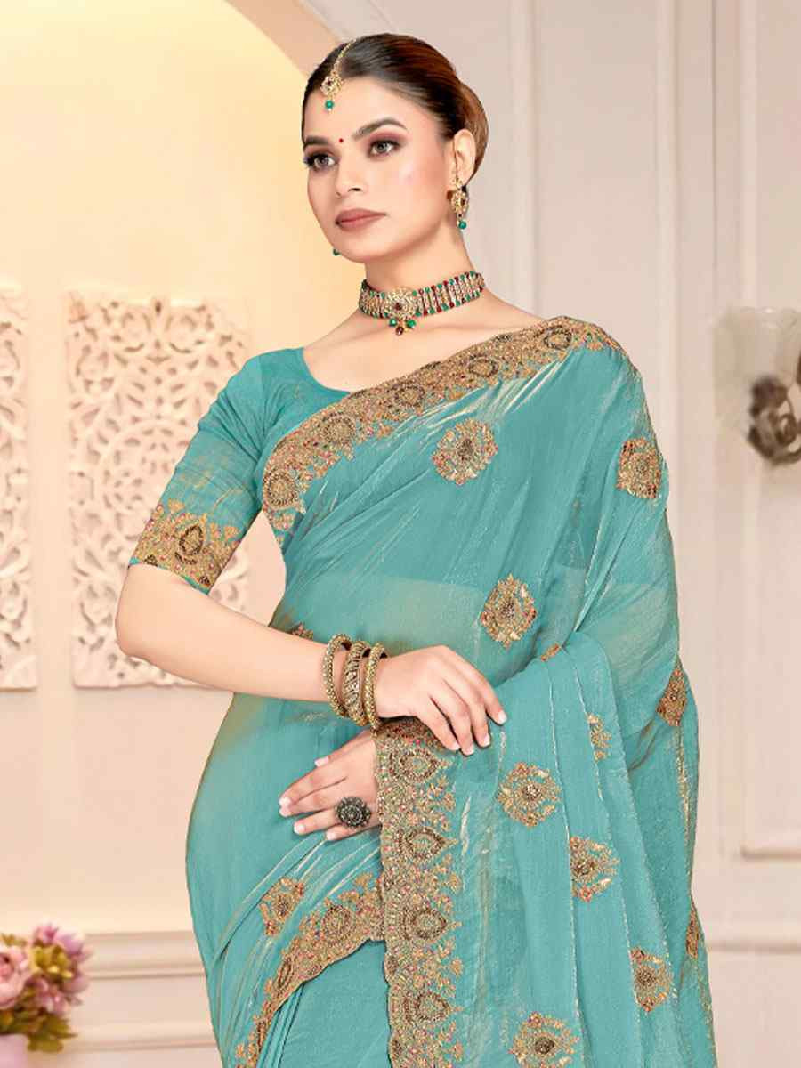 Sky Fendi Satin Silk Embroidery Traditional Casual Reception Festival Wedding Fancy Heavy Border Saree