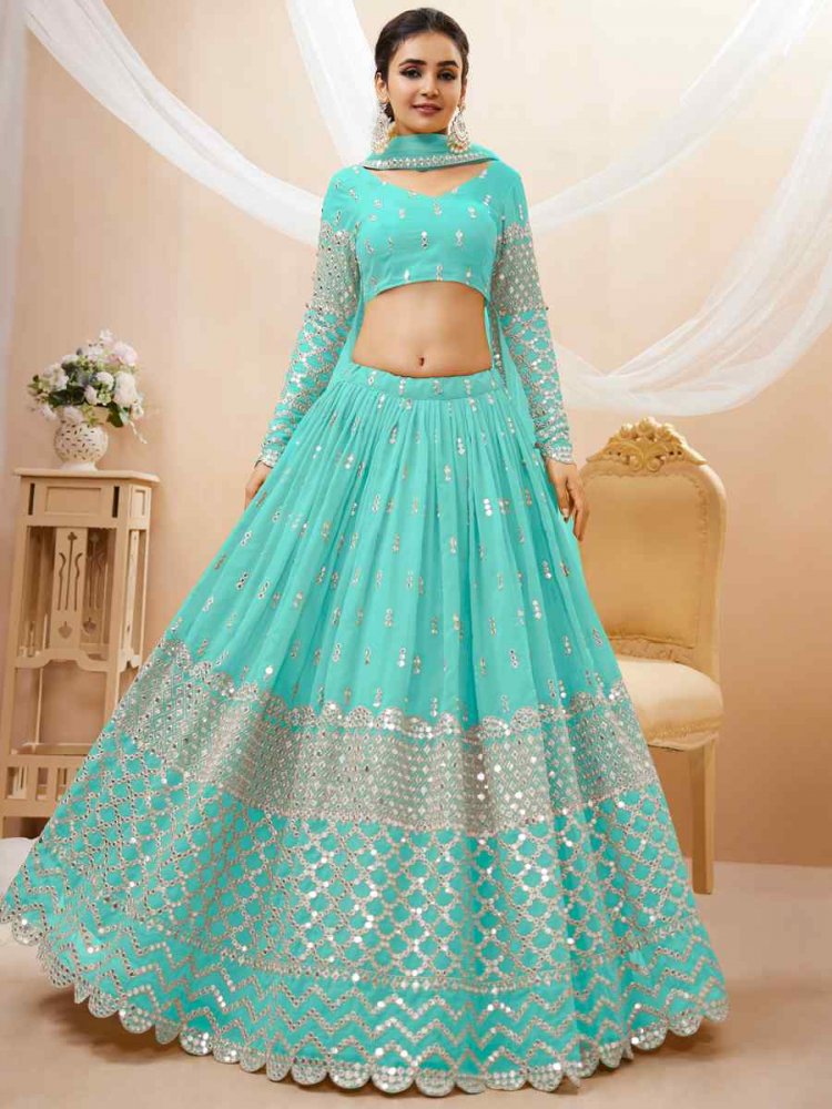 Sky Georgette Embroidered Bridesmaid Wedding Heavy Border Lehenga Choli