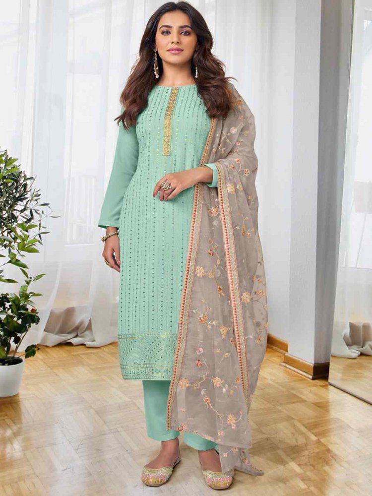 Sky Georgette Embroidered Festival Mehendi Pant Salwar Kameez