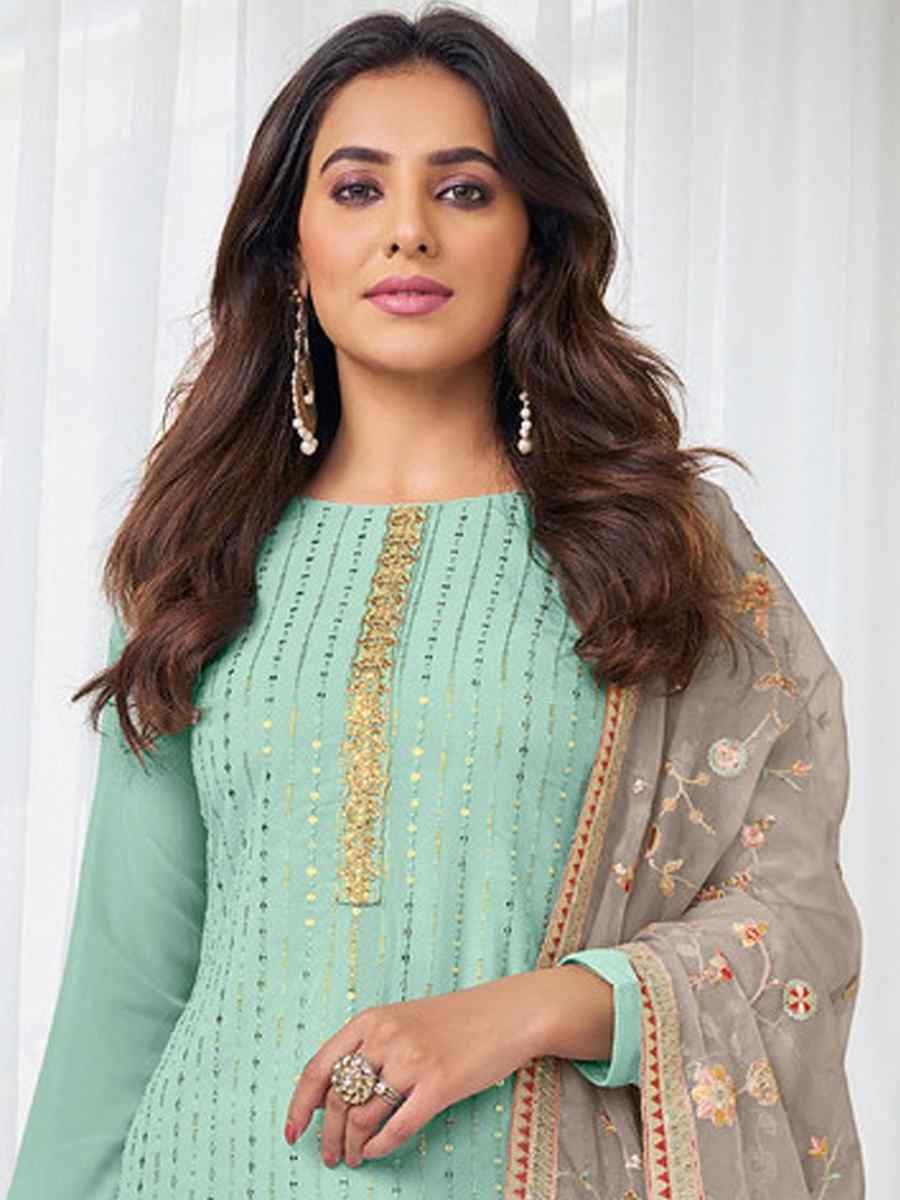 Sky Georgette Embroidered Festival Mehendi Pant Salwar Kameez