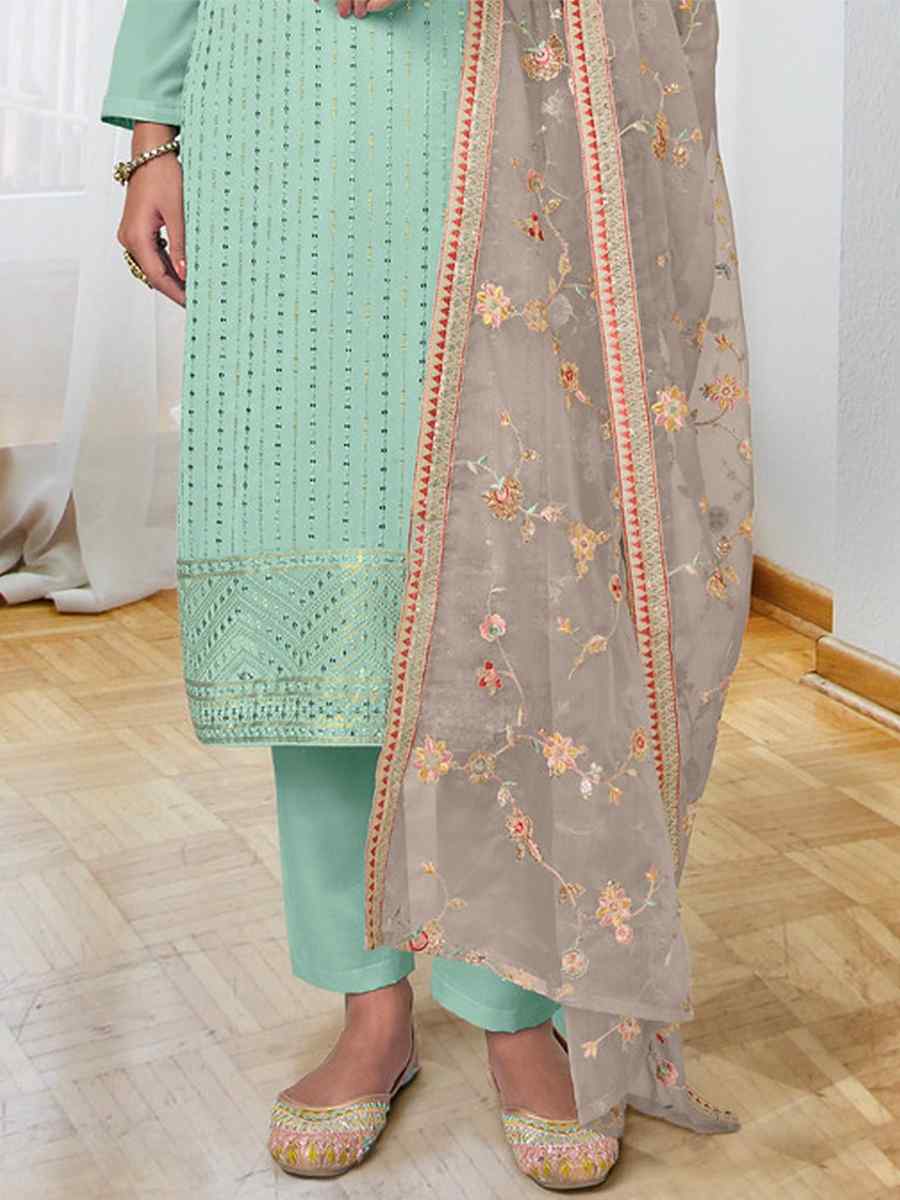 Sky Georgette Embroidered Festival Mehendi Pant Salwar Kameez