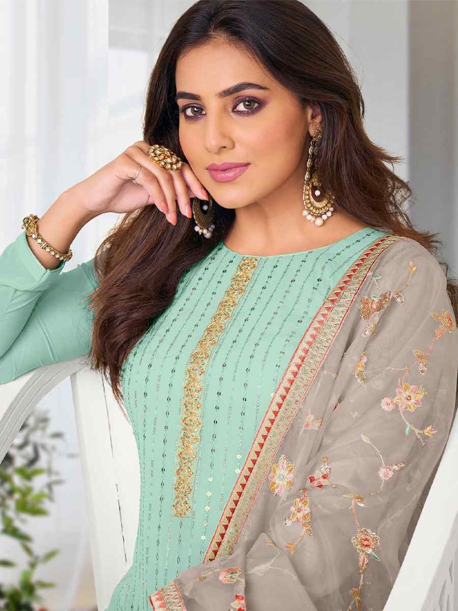 Sky Georgette Embroidered Festival Mehendi Pant Salwar Kameez