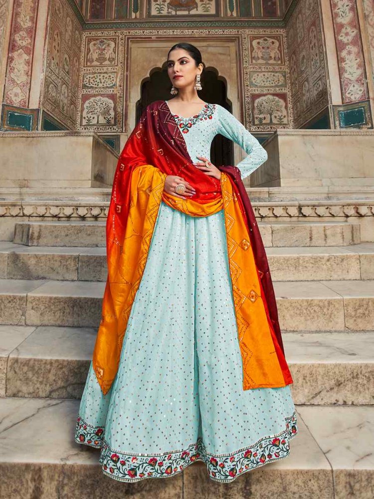 Sky Georgette Embroidered Festival Party Gown