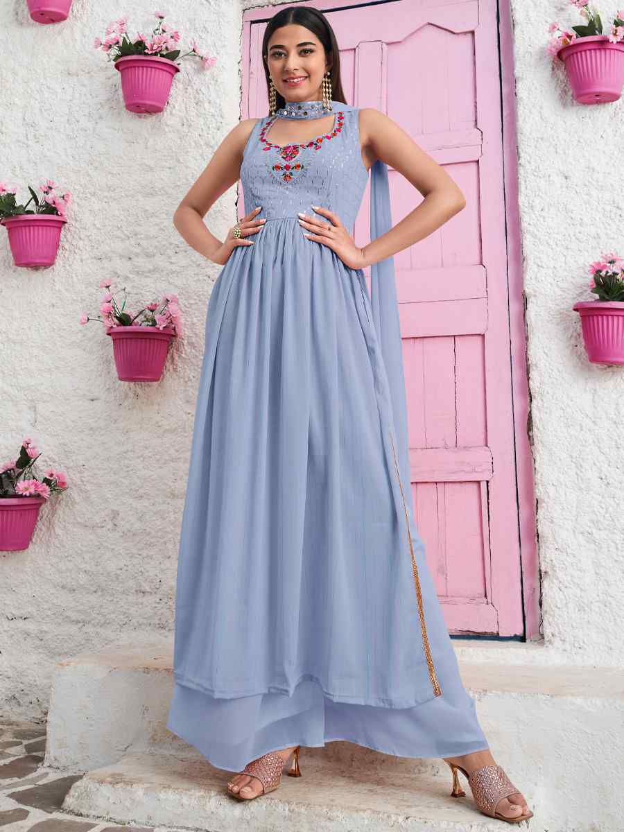 Sky Georgette Embroidered Festival Party Ready Anarkali Salwar Kameez